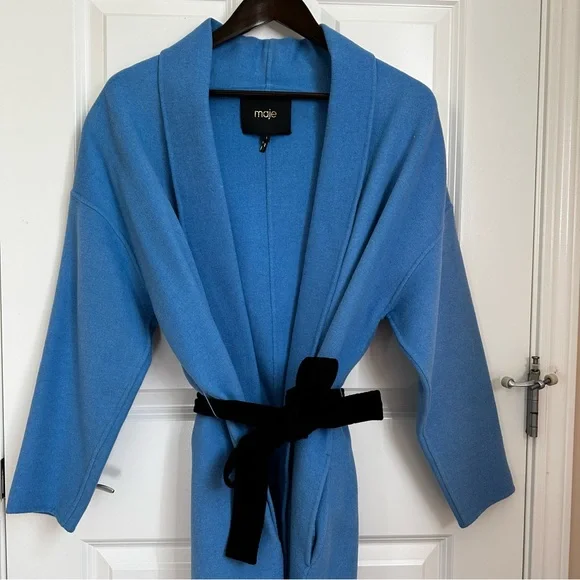 MAJE Oversized Dropped Shoulders Wool Coat with Contras Black Belt Size US4 Fall - Picture 3 of 16